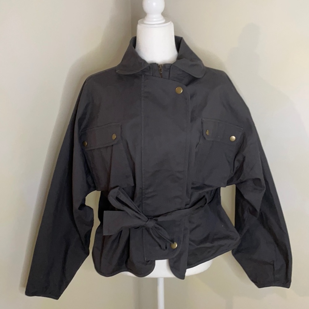 NWOT Anthropologie Dolman Sleeve Grey Utility Moto Jacket Size M cinched waist - Picture 2 of 7